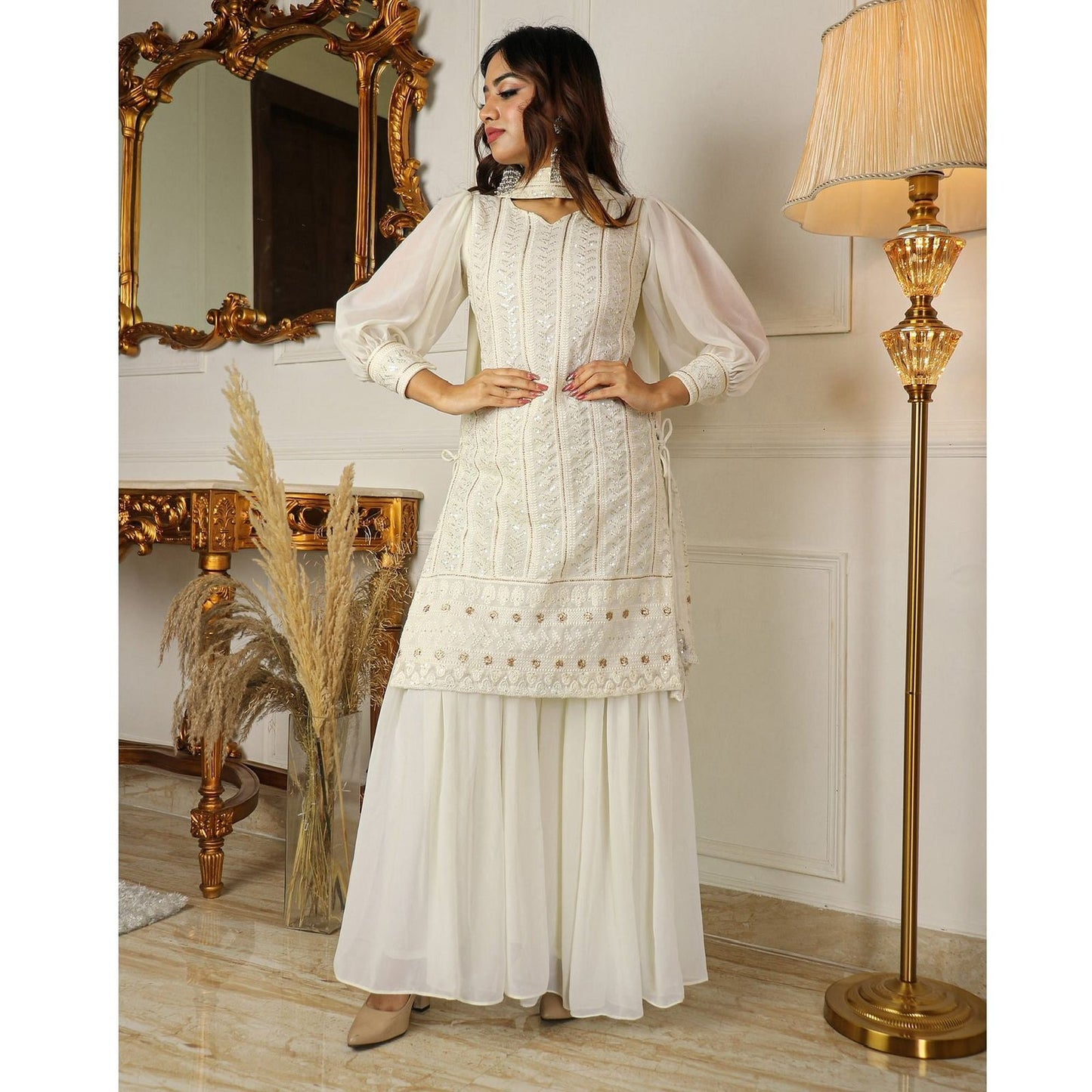 Beautiful Pure Lukhnowi Kurta Set Embroidery Cotton Thread Work, Sequence Work , Sharara And Duppta