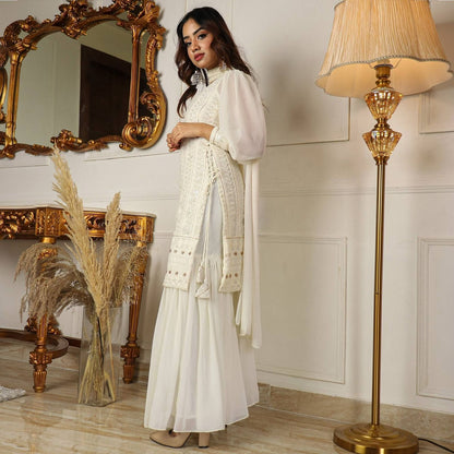 Beautiful Pure Lukhnowi Kurta Set Embroidery Cotton Thread Work, Sequence Work , Sharara And Duppta