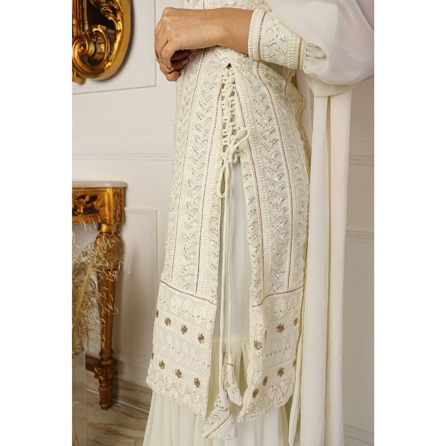 Beautiful Pure Lukhnowi Kurta Set Embroidery Cotton Thread Work, Sequence Work , Sharara And Duppta