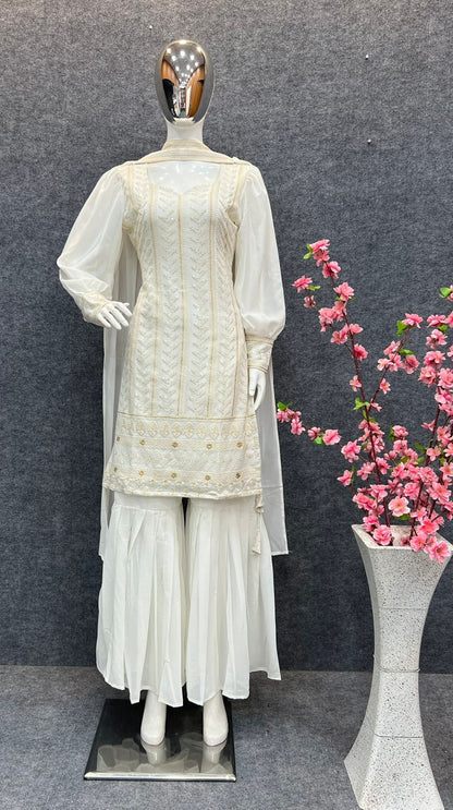 Beautiful Pure Lukhnowi Kurta Set Embroidery Cotton Thread Work, Sequence Work , Sharara And Duppta