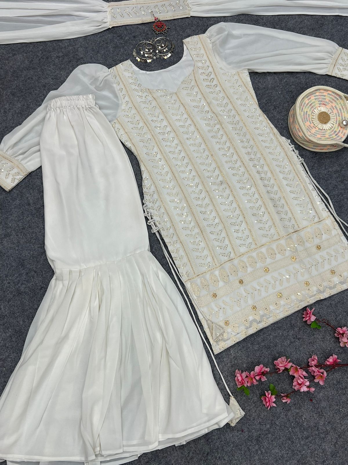 Beautiful Pure Lukhnowi Kurta Set Embroidery Cotton Thread Work, Sequence Work , Sharara And Duppta