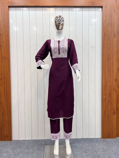 Beautiful Teal Wine Maska Cotton Silk Straight Kurti Suit Set With Pent Set Ready To Wear