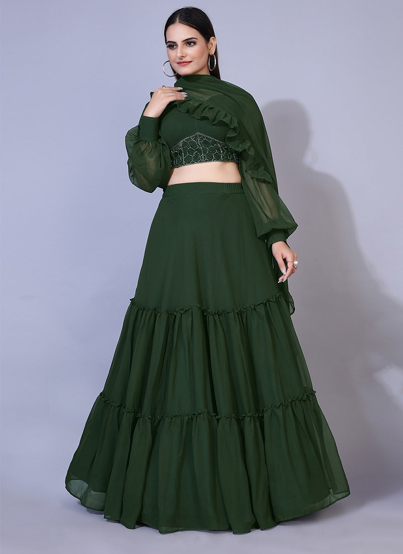 Dark Green Solid Colored With Handwork Georgette Lehenga Choli