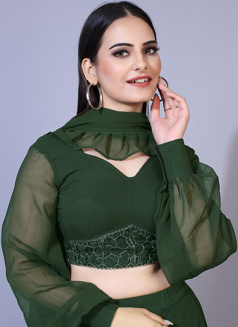 Dark Green Solid Colored With Handwork Georgette Lehenga Choli