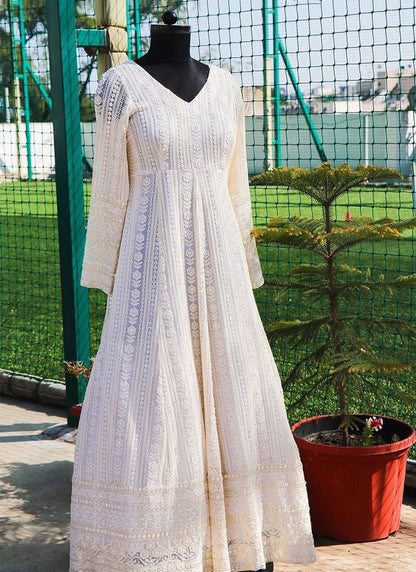 White Lucknowi Chikankari Work Georgette Gown