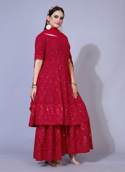 Maroon Lucknowi Chikankari Siquence Work Georgette Sharara Suit