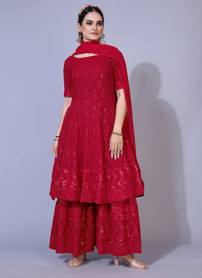 Maroon Lucknowi Chikankari Siquence Work Georgette Sharara Suit