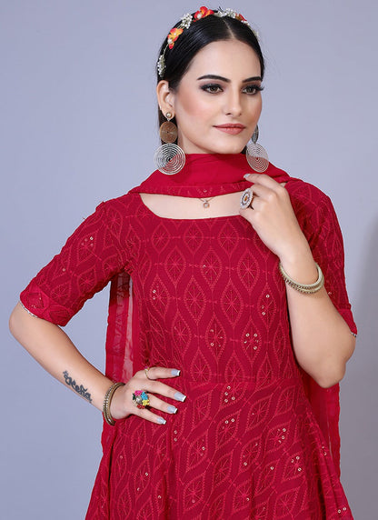 Maroon Lucknowi Chikankari Siquence Work Georgette Sharara Suit