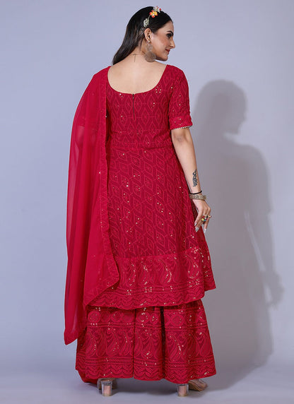 Maroon Lucknowi Chikankari Siquence Work Georgette Sharara Suit