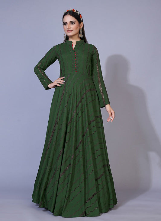 Green Embroidered Rayon Anarkali Style Gown