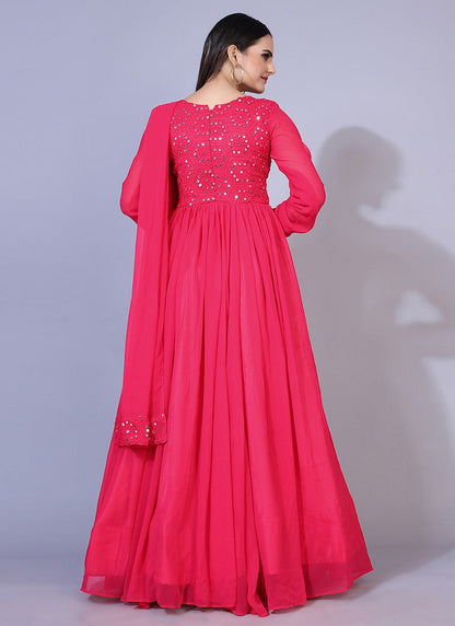 Pink Mirror Embroidered Georgette Anarkali Style Designer Gown