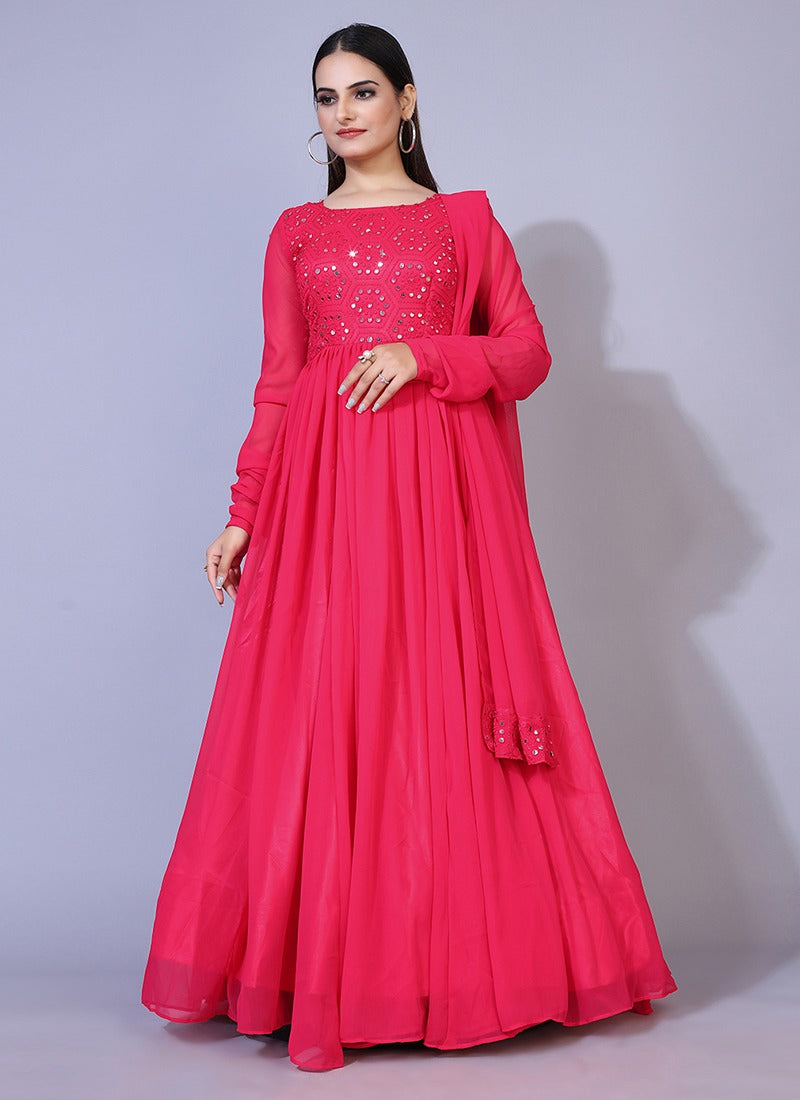 Pink Mirror Embroidered Georgette Anarkali Style Designer Gown