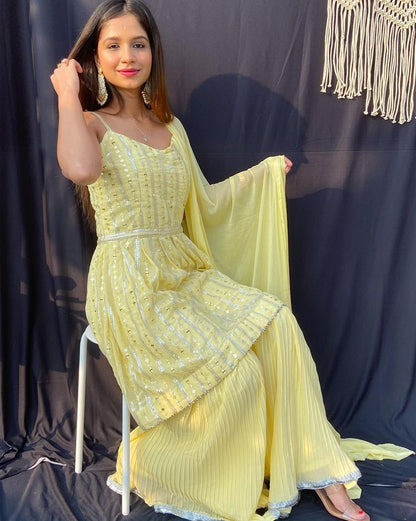 Yellow Colour Embroidery Sequance And Cotton Thread Work Pleated Sharara And Duppta