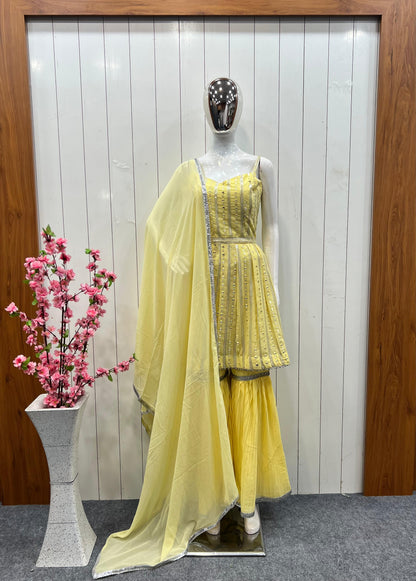 Yellow Colour Embroidery Sequance And Cotton Thread Work Pleated Sharara And Duppta