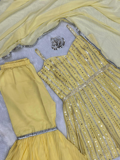 Yellow Colour Embroidery Sequance And Cotton Thread Work Pleated Sharara And Duppta