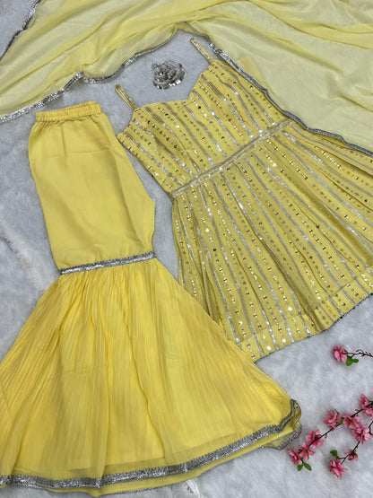 Yellow Colour Embroidery Sequance And Cotton Thread Work Pleated Sharara And Duppta