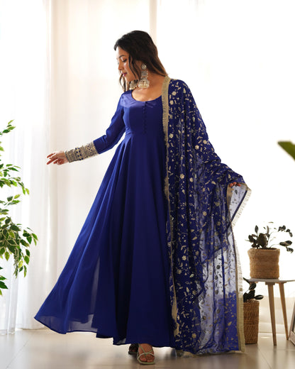 Royal Blue Colour New Georgette Anarkali Gown Duppta Full Set With Pent