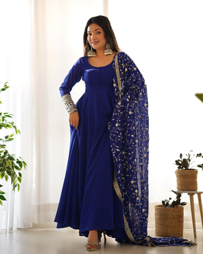 Royal Blue Colour New Georgette Anarkali Gown Duppta Full Set With Pent