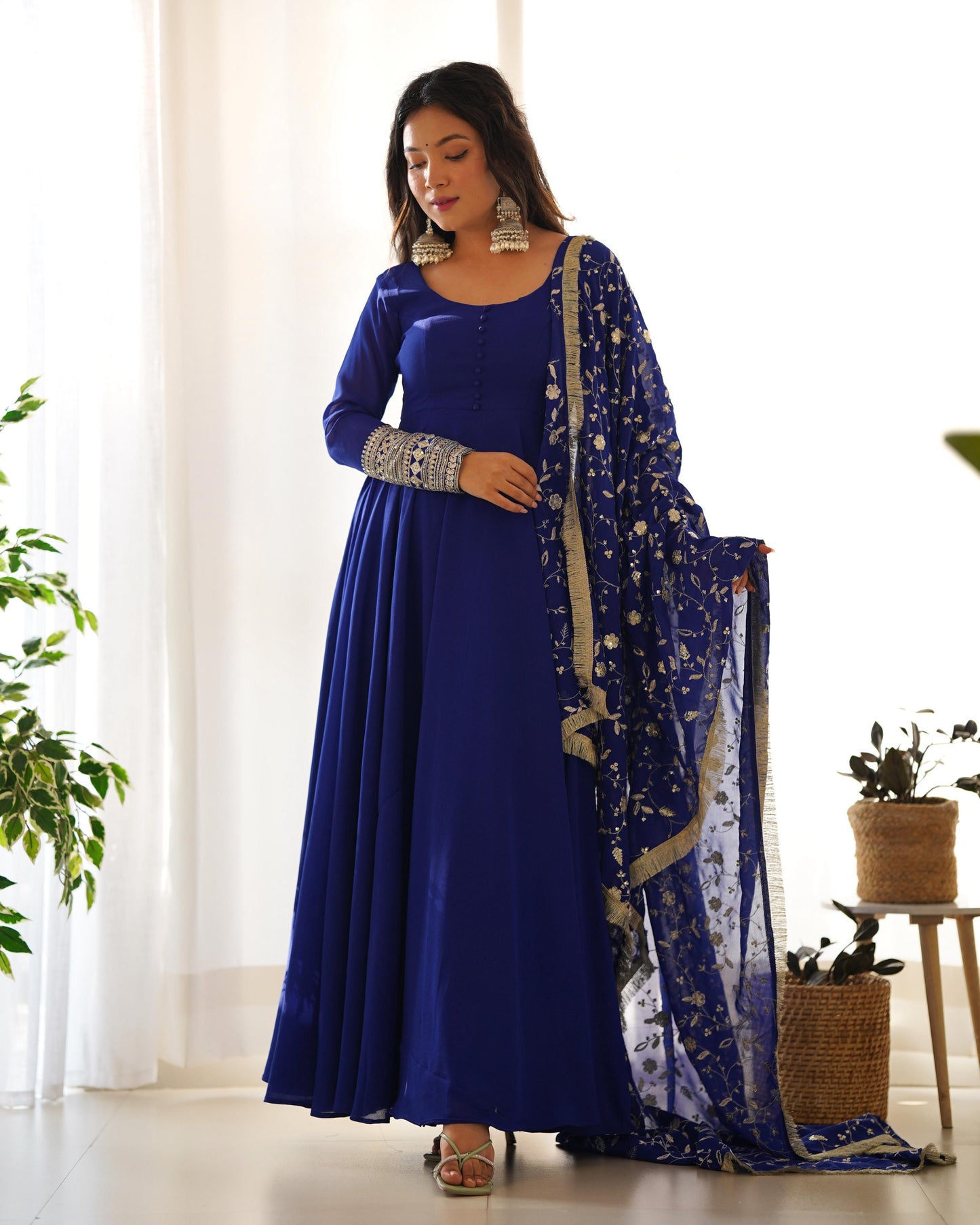 Royal Blue Colour New Georgette Anarkali Gown Duppta Full Set With Pent