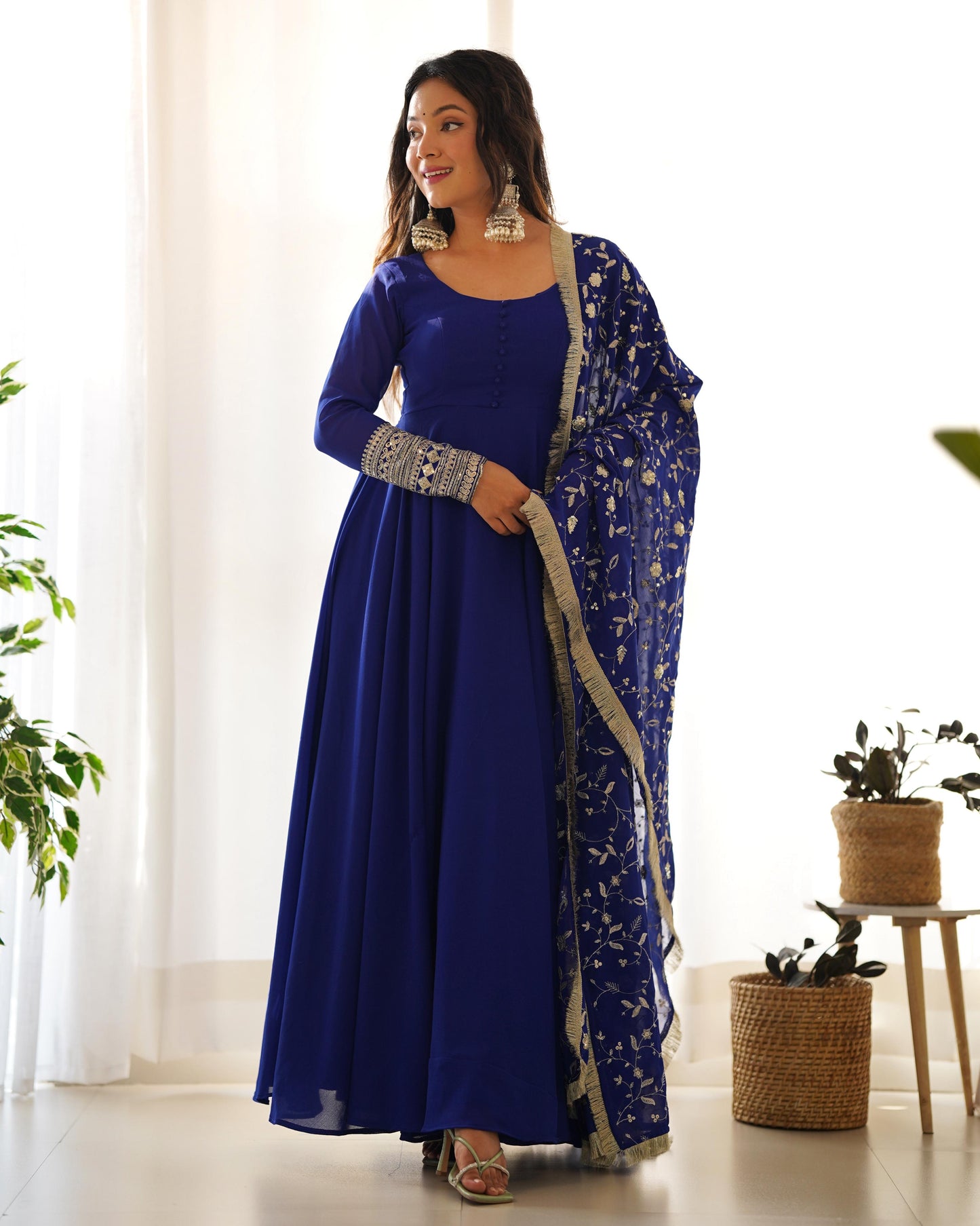 Royal Blue Colour New Georgette Anarkali Gown Duppta Full Set With Pent