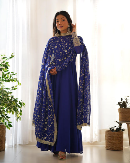 Royal Blue Colour New Georgette Anarkali Gown Duppta Full Set With Pent