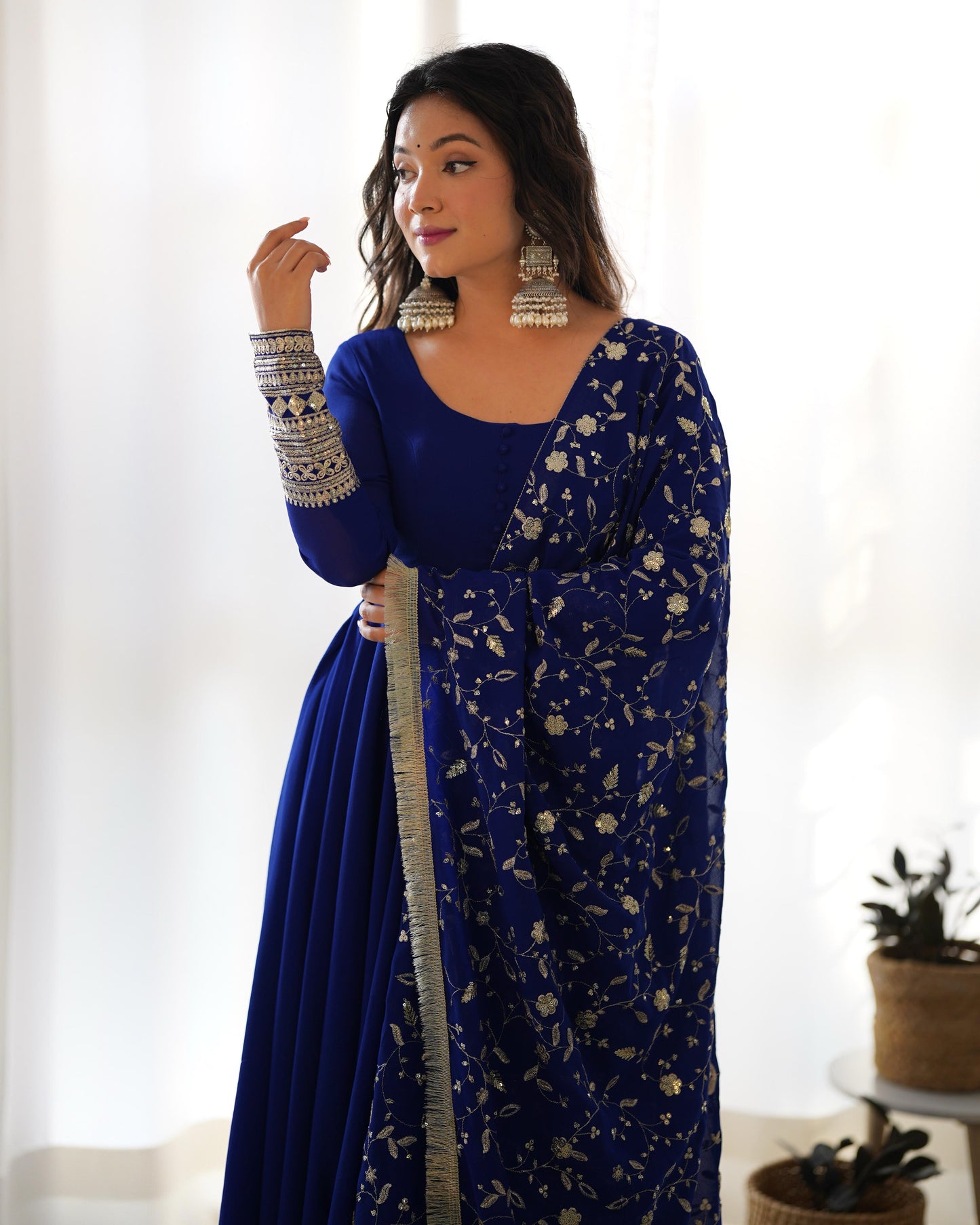 Royal Blue Colour New Georgette Anarkali Gown Duppta Full Set With Pent