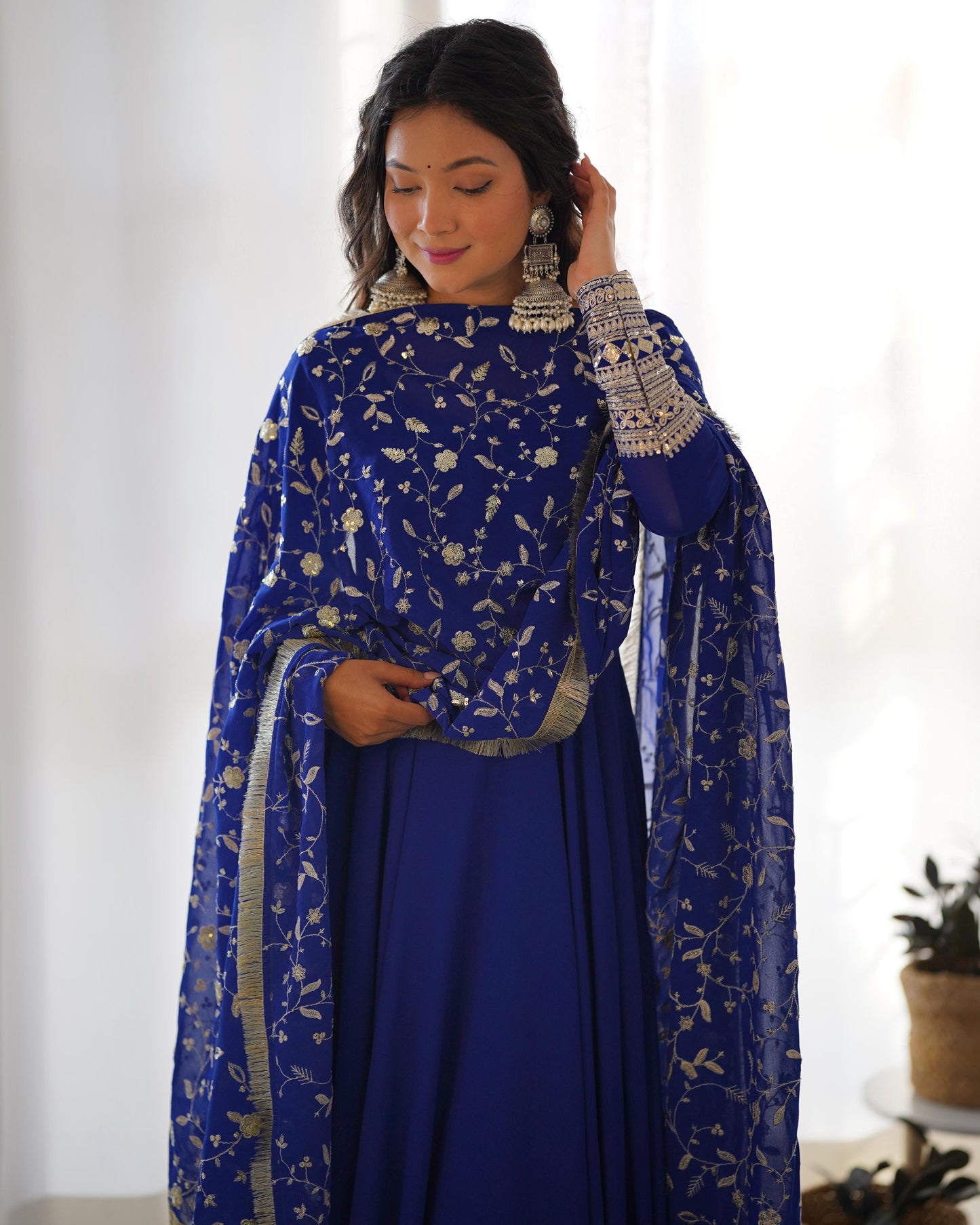 Royal Blue Colour New Georgette Anarkali Gown Duppta Full Set With Pent