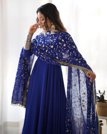 Royal Blue Colour New Georgette Anarkali Gown Duppta Full Set With Pent