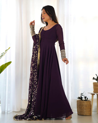 Wine Colour New Georgette Anarkali Gown Duppta Full Set With Pent