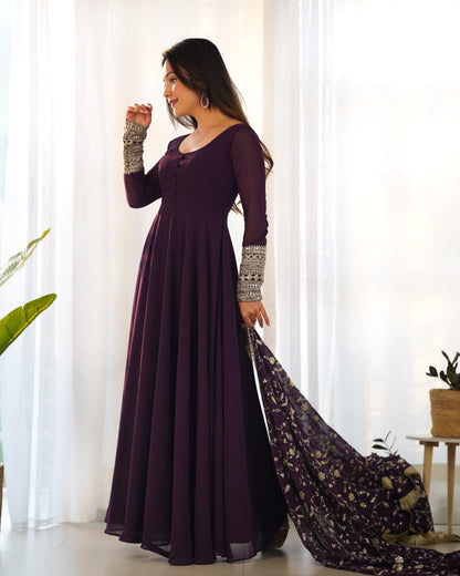 Wine Colour New Georgette Anarkali Gown Duppta Full Set With Pent