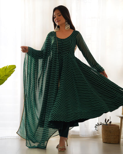 Bottle Green Pure Fox Georgette Laheriya Print Fabric Fully Flair Anarkali Duppta With Pent