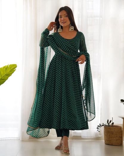 Bottle Green Pure Fox Georgette Laheriya Print Fabric Fully Flair Anarkali Duppta With Pent