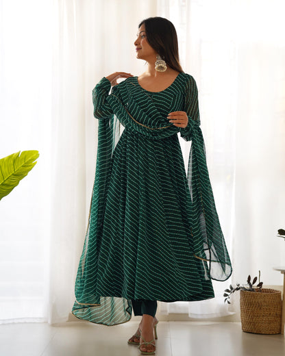 Bottle Green Pure Fox Georgette Laheriya Print Fabric Fully Flair Anarkali Duppta With Pent