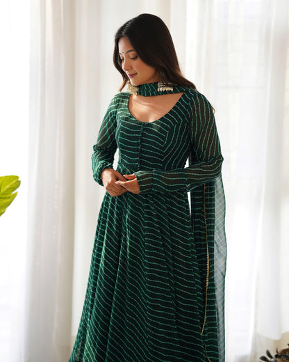 Bottle Green Pure Fox Georgette Laheriya Print Fabric Fully Flair Anarkali Duppta With Pent