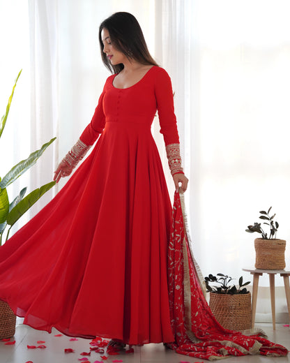 Red Colour New Georgette Anarkali Gown Duppta Full Set With Pent