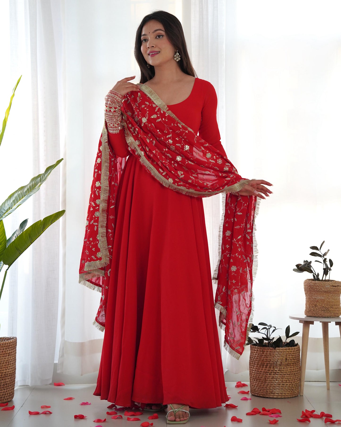 Red Colour New Georgette Anarkali Gown Duppta Full Set With Pent