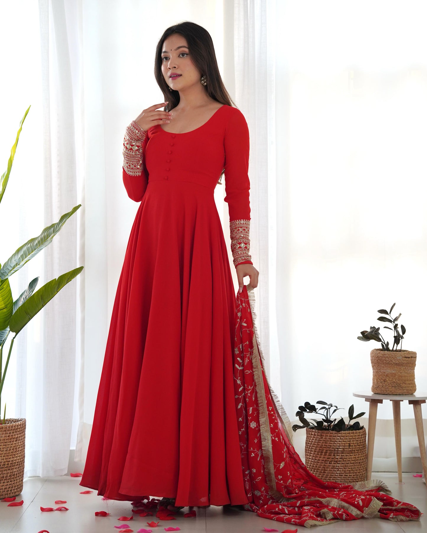 Red Colour New Georgette Anarkali Gown Duppta Full Set With Pent