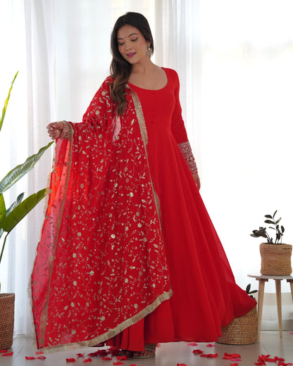 Red Colour New Georgette Anarkali Gown Duppta Full Set With Pent