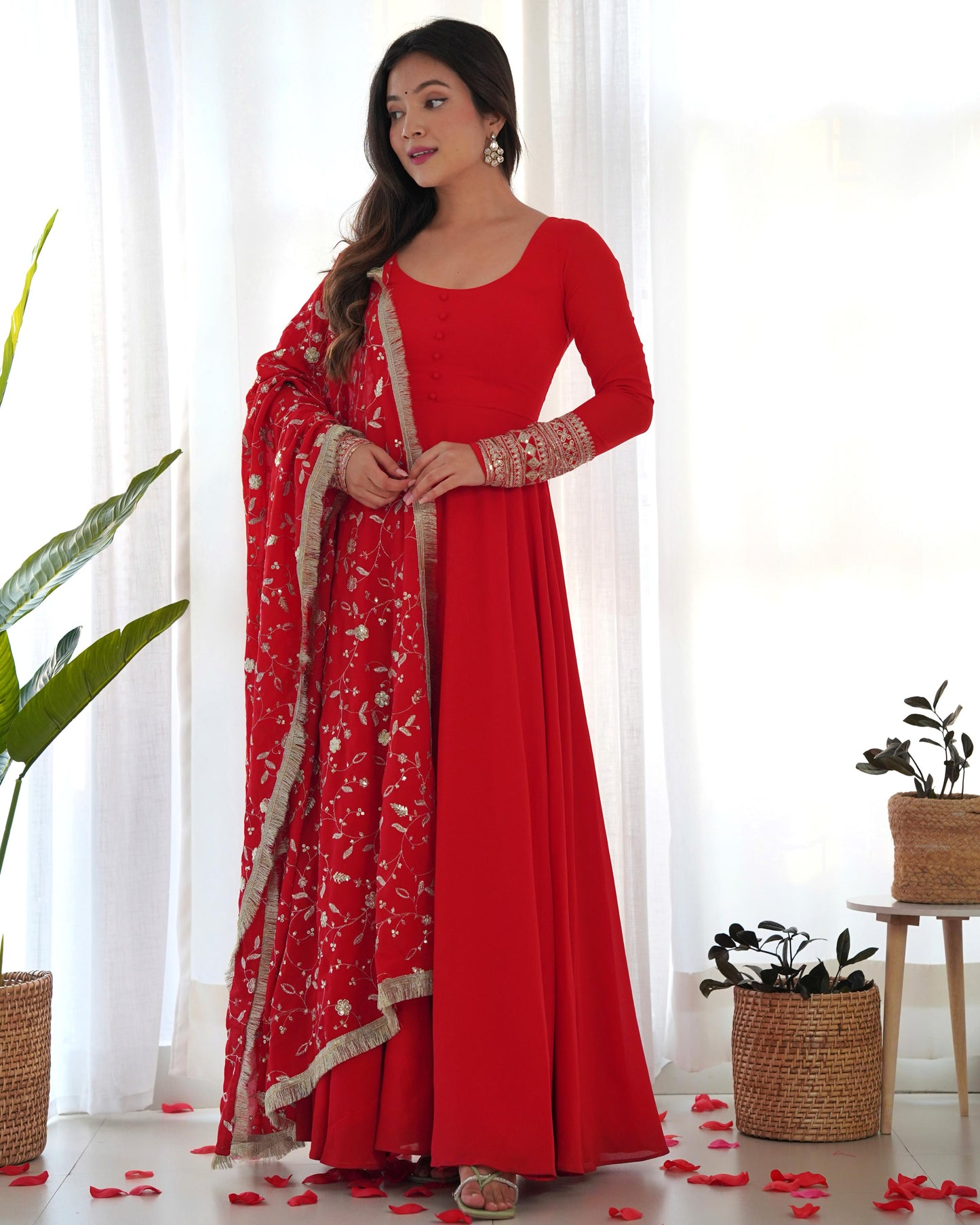 Red Colour New Georgette Anarkali Gown Duppta Full Set With Pent