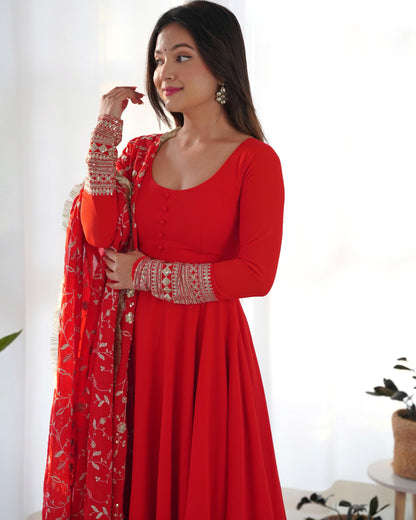 Red Colour New Georgette Anarkali Gown Duppta Full Set With Pent