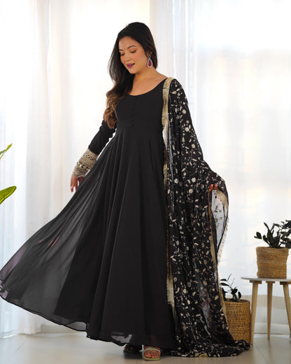 Black Colour New Georgette Anarkali Gown Duppta Full Set With Pent