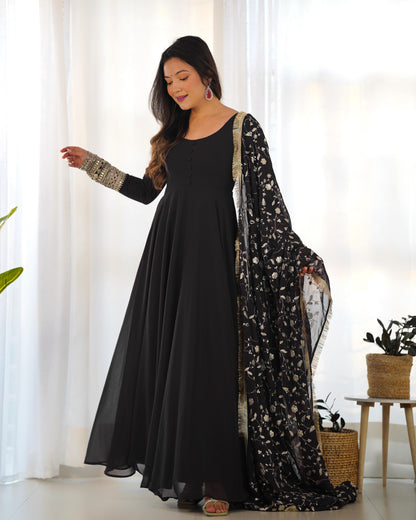 Black Colour New Georgette Anarkali Gown Duppta Full Set With Pent