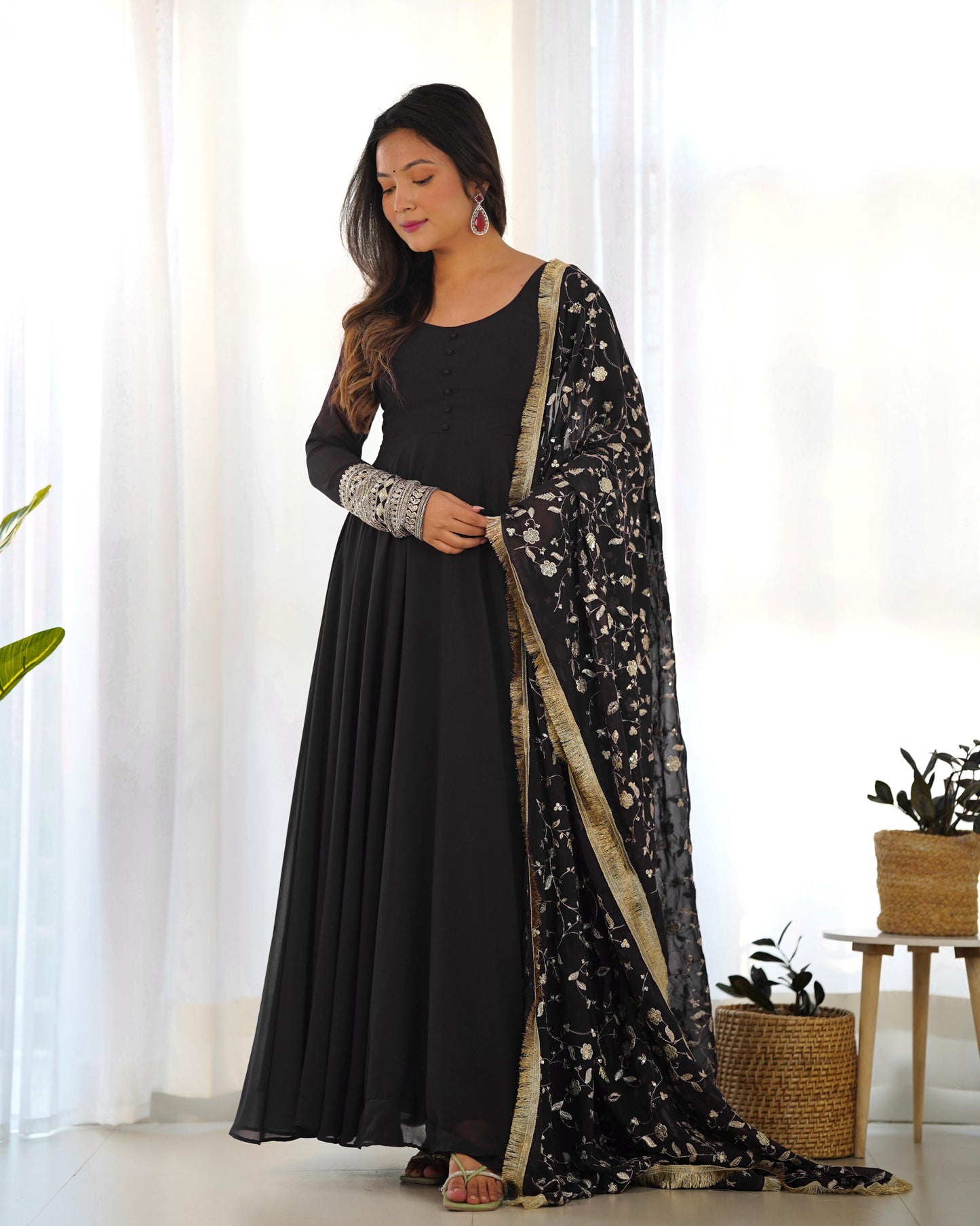 Black Colour New Georgette Anarkali Gown Duppta Full Set With Pent