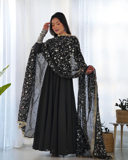 Black Colour New Georgette Anarkali Gown Duppta Full Set With Pent