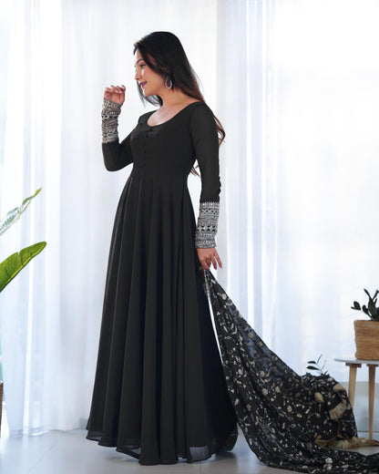 Black Colour New Georgette Anarkali Gown Duppta Full Set With Pent