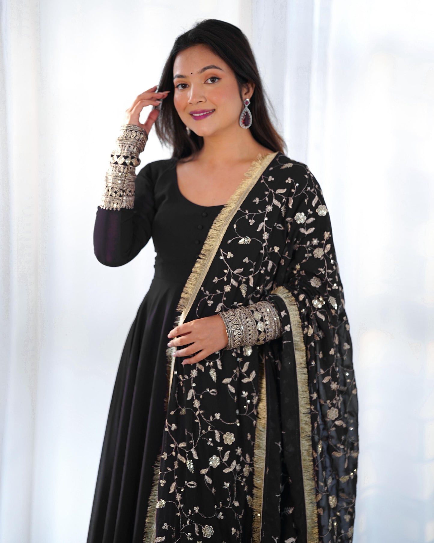 Black Colour New Georgette Anarkali Gown Duppta Full Set With Pent