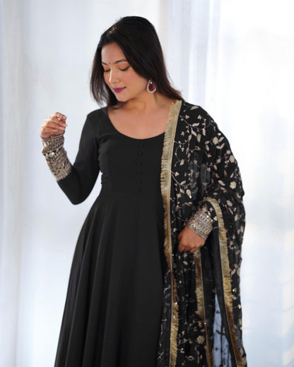 Black Colour New Georgette Anarkali Gown Duppta Full Set With Pent