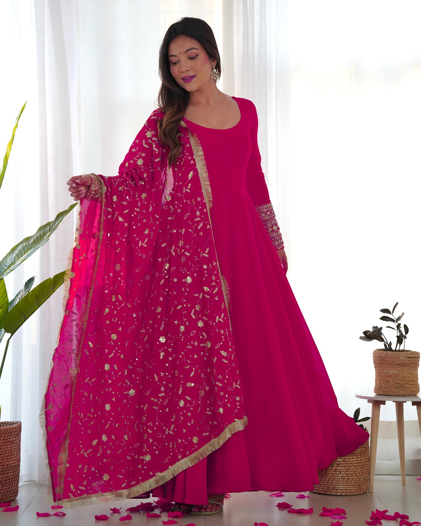 Rani Pink Colour New Georgette Anarkali Gown Duppta Full Set With Pent