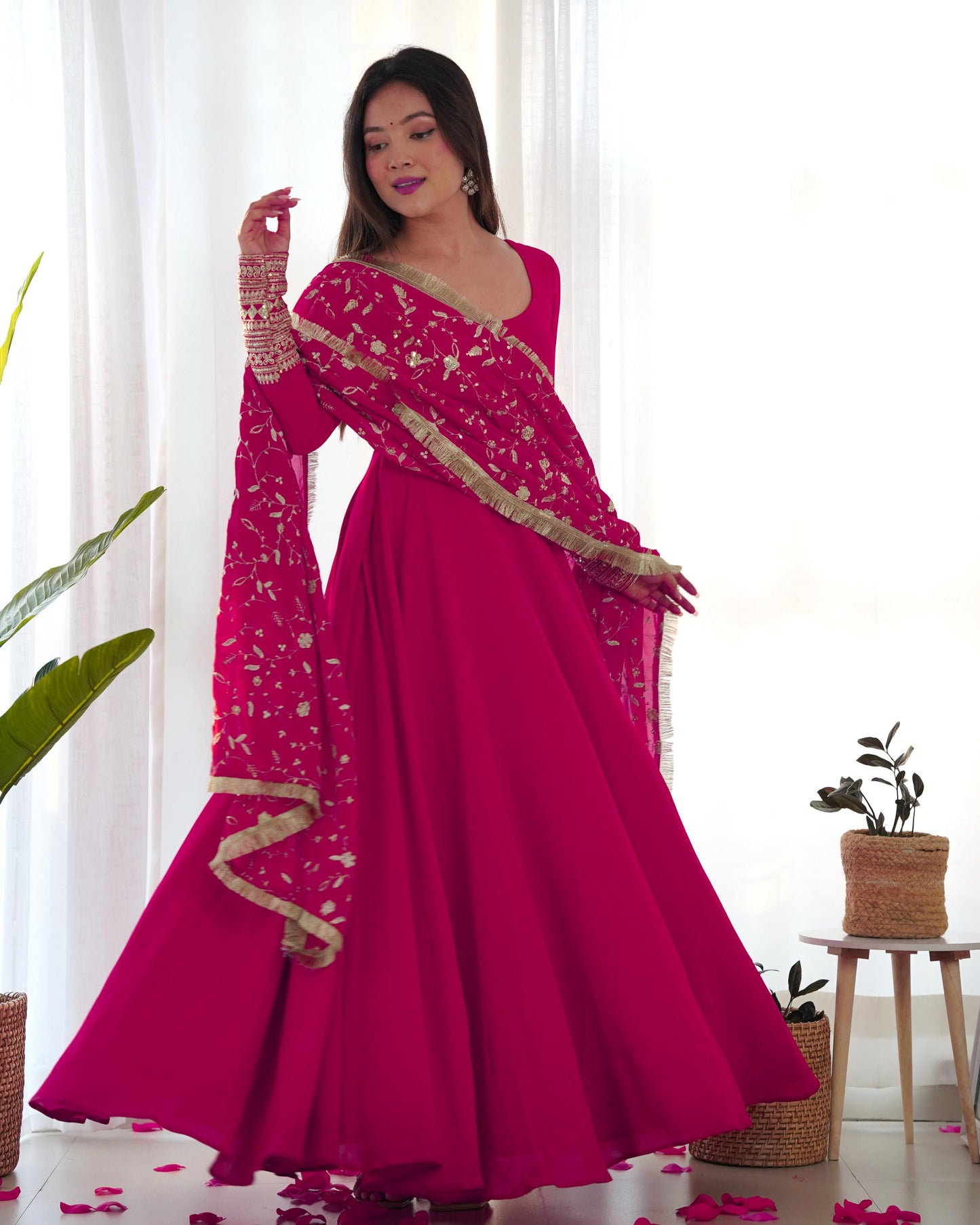 Rani Pink Colour New Georgette Anarkali Gown Duppta Full Set With Pent