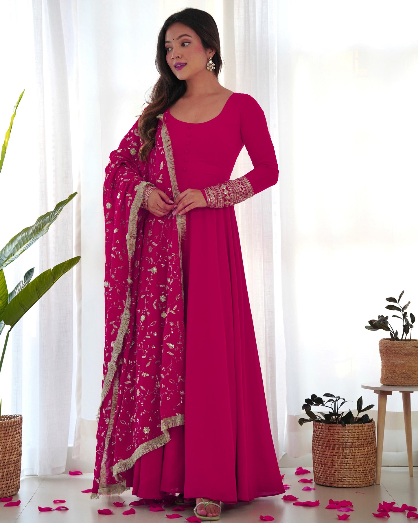 Rani Pink Colour New Georgette Anarkali Gown Duppta Full Set With Pent